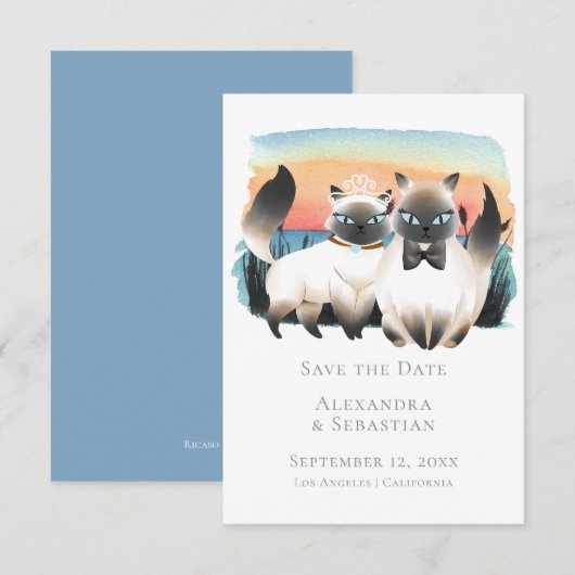 Cute Siamese Cat Couple Save the Date Wedding Kaart (Voorkant / Achterkant)