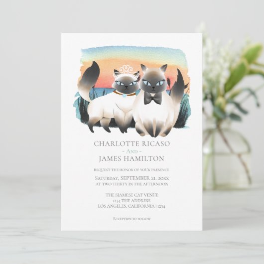 Cute Siamese Cat Couple Wedding Persoonlijk Kaart (Staand voorkant)