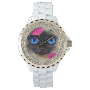 Cute Siamese Cat Elegant Pink Ribbon Illustration Horloge