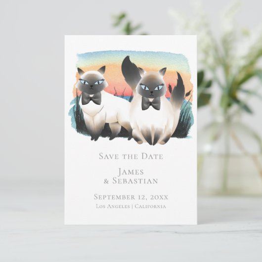 Cute Siamese Cat Gay Couple bewaart de datum van h Kaart (Staand voorkant)
