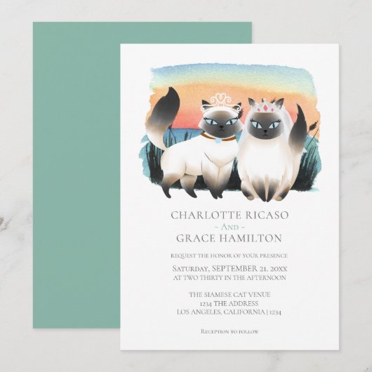 Cute Siamese Cat Gay Couple Wedding Personalized Kaart (Voorkant / Achterkant)