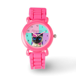 Cute Siamese Cat Pink Glitter Name Illustration Horloge