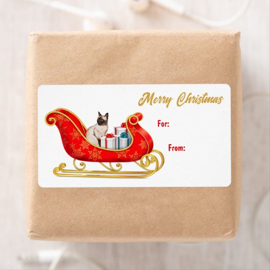 Cute Siamese Cat Sleigh Gift Label (Insitu)