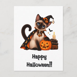 Cute Siamese Cat Witch Halloween Briefkaart