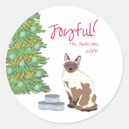 Cute Siamese Cat with Tuna Joyful Christmas  Ronde Sticker