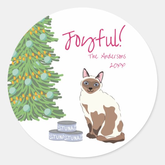 Cute Siamese Cat with Tuna Joyful Christmas  Ronde Sticker (Voorkant)