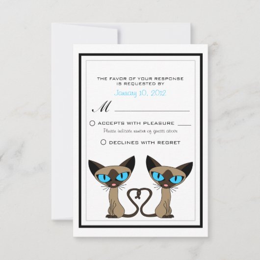 Cute Siamese Katten Tail Heart Wedding RSVP (Voorkant)