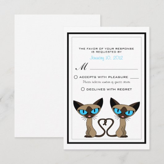 Cute Siamese Katten Tail Heart Wedding RSVP (Voorkant / Achterkant)