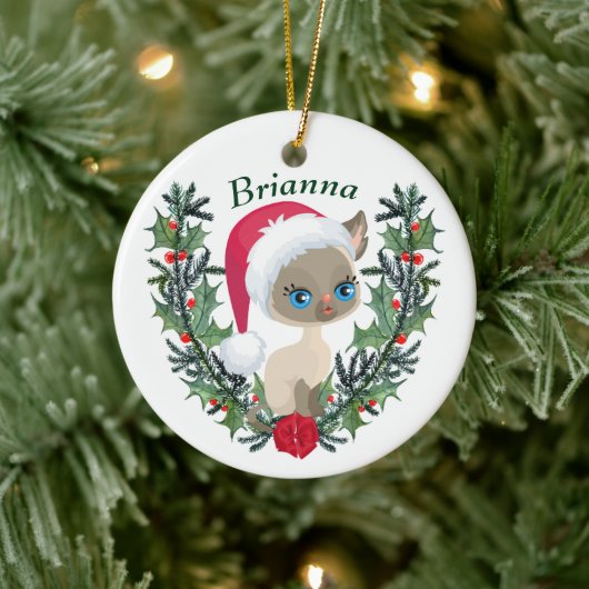 Cute Siamese Kitten Kerstmis Wreath Keramisch Ornament (Boom)