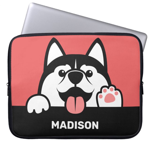 Cute Siberian Husky, aangepaste naam laptophoes Laptop Sleeve (Voorkant)
