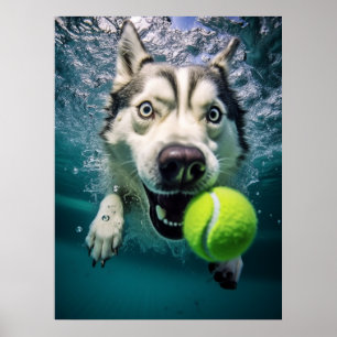 Cute Siberian Husky Diving Underwater Poster