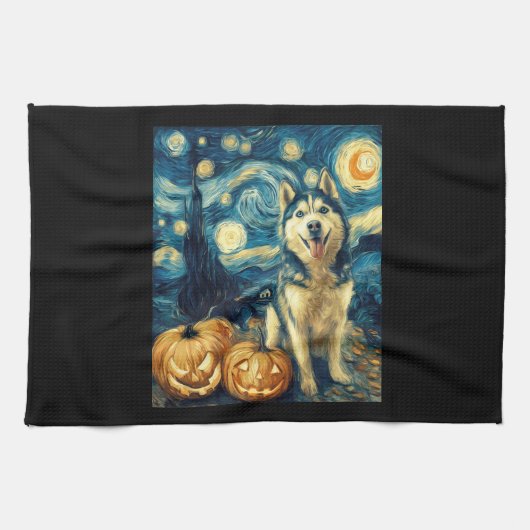 Cute Siberian Husky Dog Halloween Jack O Lantern P Theedoek (Horizontaal)