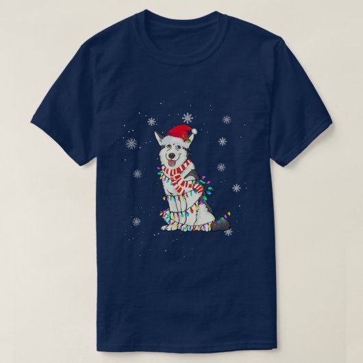 Cute Siberian Husky Kersthond verlicht Kerstmis T-shirt (Design voorkant)