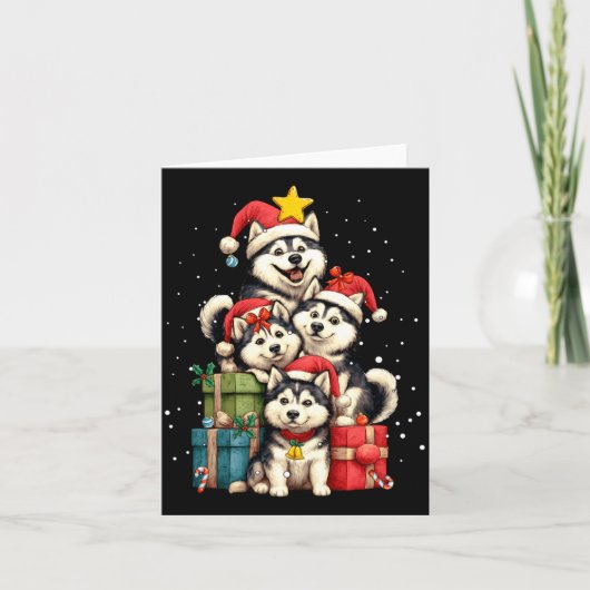 Cute Siberian Husky Le Dog Christmas Tree Xmas Hat Kaart (Voorkant)