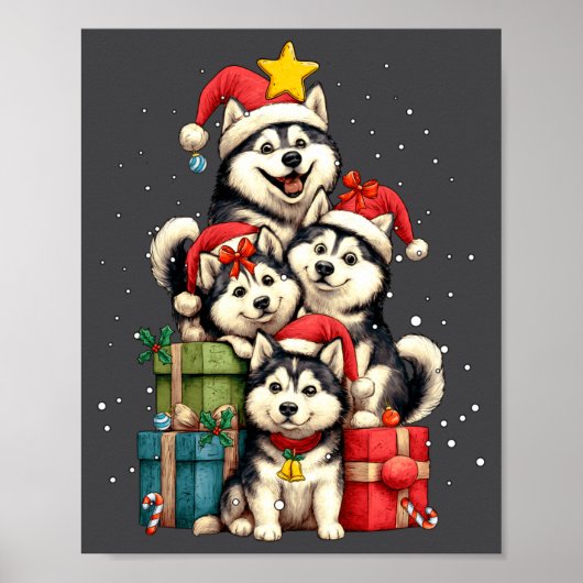 Cute Siberian Husky Le Dog Christmas Tree Xmas Hat Poster (Voorkant)
