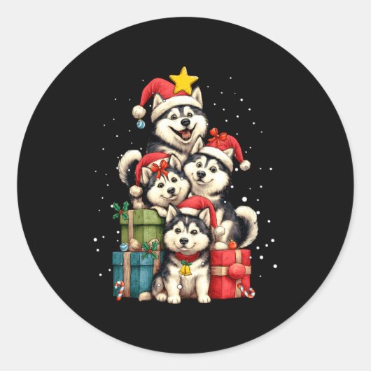 Cute Siberian Husky Le Dog Christmas Tree Xmas Hat Ronde Sticker (Voorkant)