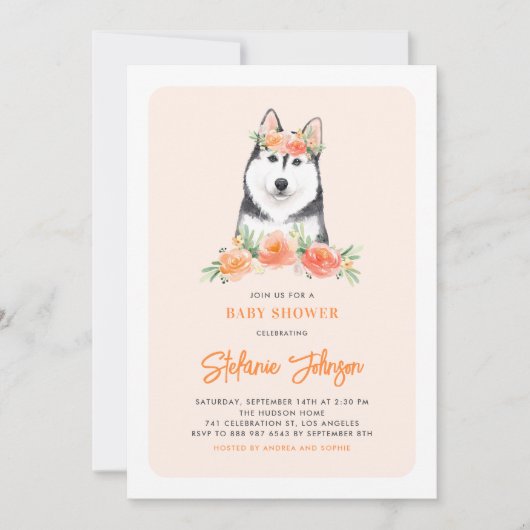 Cute Siberian Husky Peach Floral Baby shower Kaart (Voorkant)