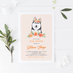 Cute Siberian Husky Peach Floral Baby shower Kaart