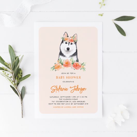 Cute Siberian Husky Peach Floral Baby shower Kaart