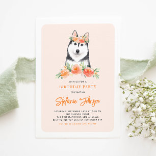 Cute Siberian Husky Peach Floral Kids Birthday Kaart