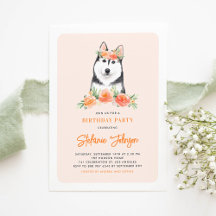 Cute Siberian Husky Peach Floral Kids Birthday