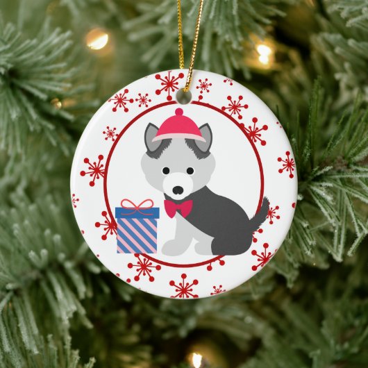 Cute Siberian Husky Puppy Snowflake Keramisch Ornament (Boom)