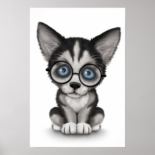 Cute Siberian Husky Puppy Wearing Glasses White Poster (Voorkant)