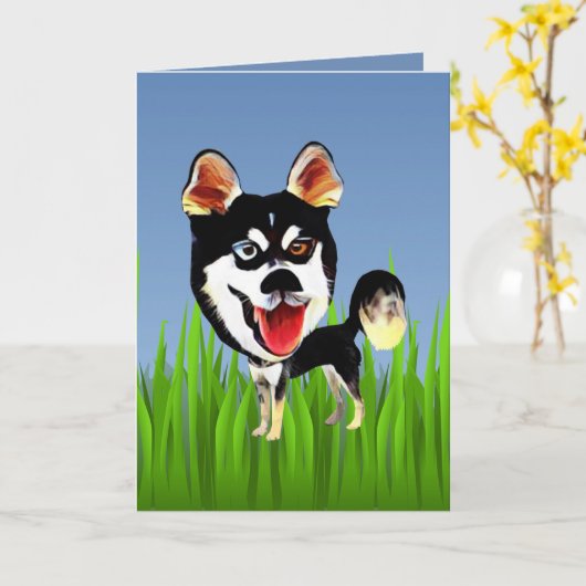Cute Siberian Husky Wenskaart Kaart (Gele Bloem)