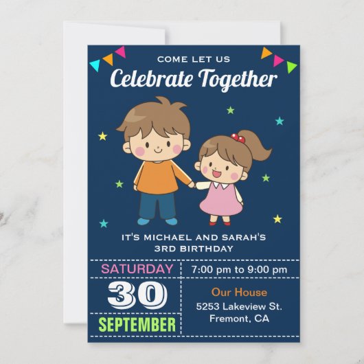 Cute Siblings Twin Birthday Party Invitation Kaart (Voorkant)