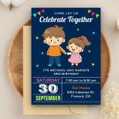 Cute Siblings Twin Birthday Party Invitation Kaart