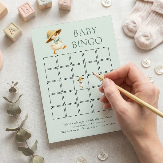 Cute Silly Goose Bingo Teal Baby Shower Game Card Kaart