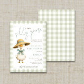 Cute Silly Goose Sage Gingham Baby Shower Kaart