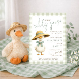 Cute Silly Goose Sage Gingham Baby Shower Kaart