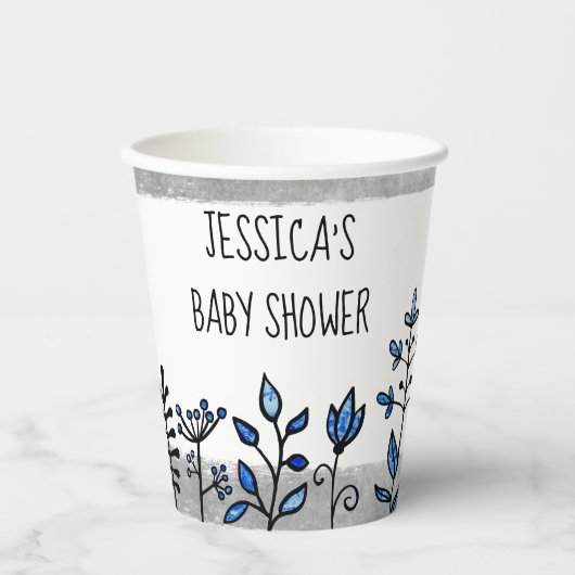Cute Silver Blue Floral Custom Name Baby shower Papieren Bekers (Voorkant)