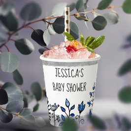 Cute Silver Blue Floral Custom Name Baby shower Papieren Bekers