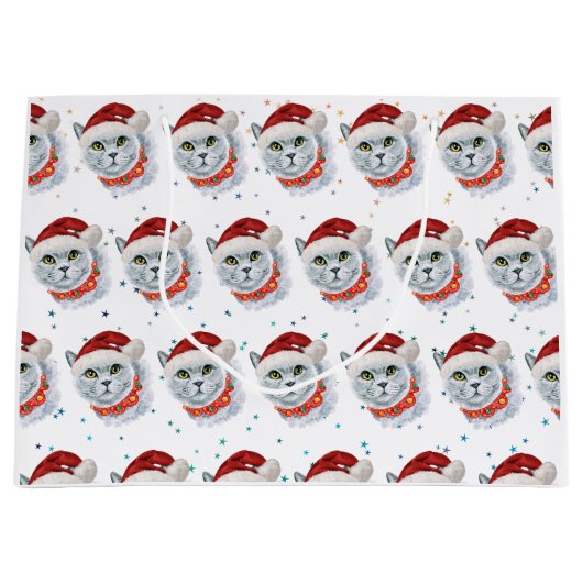 Cute Silver Cat with Santa Hat Christmas Groot Cadeauzakje (Voorkant)