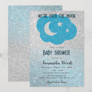 Cute Silver en Blue Glitter Moon Baby shower  Kaart