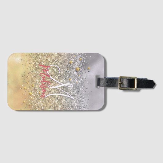 Cute Silver Glitter sterren Monogram Bagagelabel (Voorkant (horizontaal))