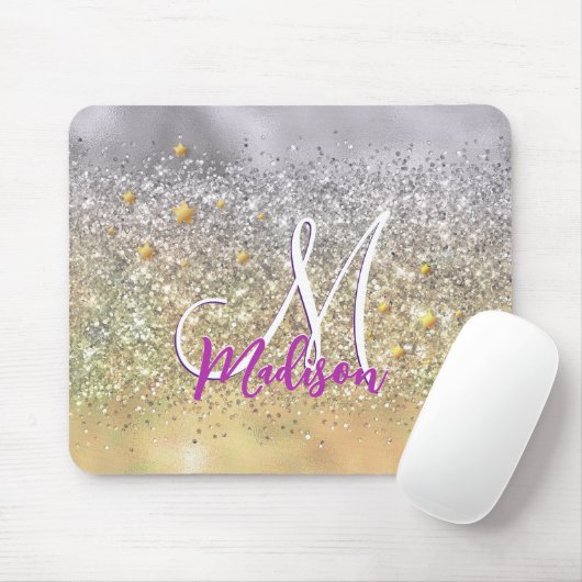 Cute Silver Glitter sterren Monogram Muismat (Met muis)