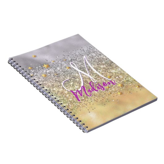 Cute Silver Glitter sterren Monogram Notitieboek (Rechterzijde)