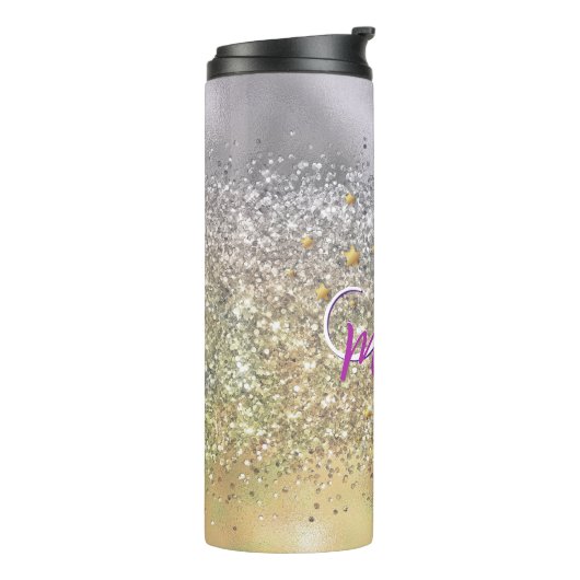 Cute Silver Glitter sterren Monogram Thermosbeker (Gedraaid links)