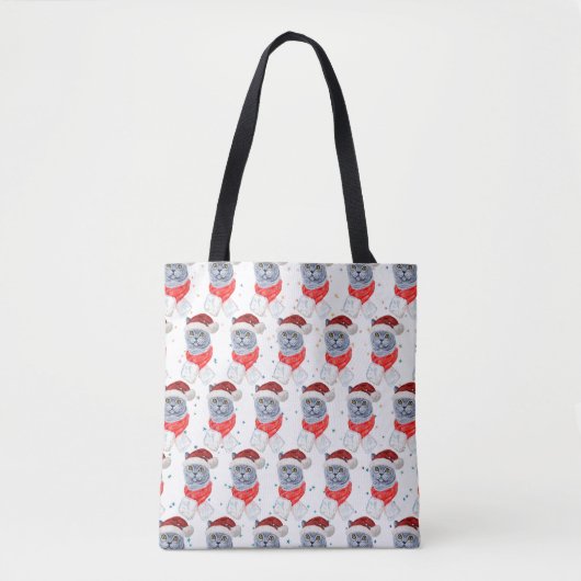 Cute Silver Gray Cat With Santa Hat Christmas Tote Bag (Voorkant)