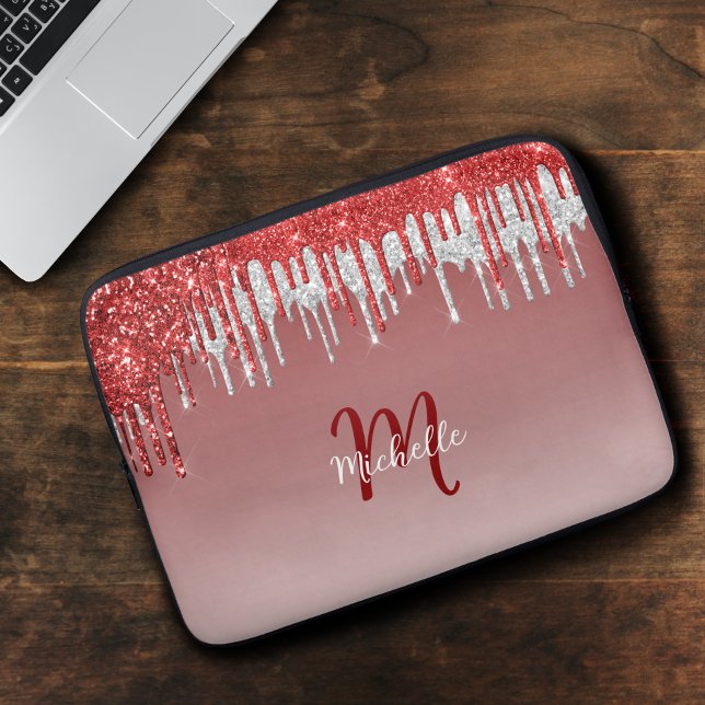 Cute Silver Red Glitter Drip Monogram Sparkle Laptop Sleeve (Creator heeft geüpload)