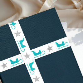 Cute Silver White Blue Sleigh Star Glitter Pattern Satijnen Lint