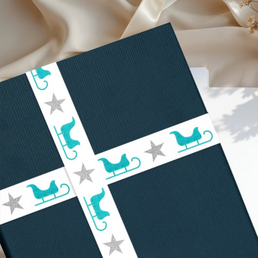 Cute Silver White Blue Sleigh Star Glitter Pattern Satijnen Lint