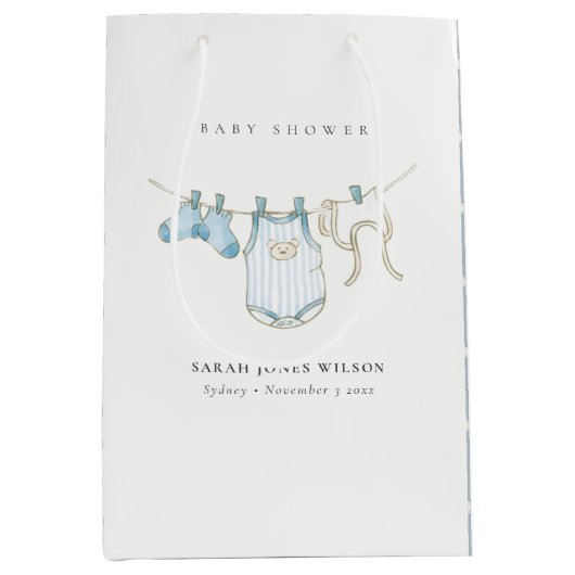 Cute Simple Aqua Blue Boy Clothesline Baby shower Medium Cadeauzakje (Voorkant)