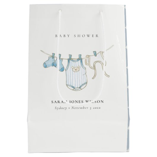 Cute Simple Aqua Blue Boy Clothesline Baby shower Medium Cadeauzakje (Achterkant)