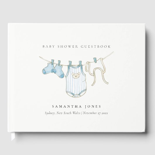Cute Simple Aqua Blue Clothesline Boy Baby shower Gastenboek (Voorkant)
