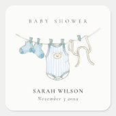 Cute Simple Baby Clothesline Blue Boy Baby shower Vierkante Sticker (Voorkant)