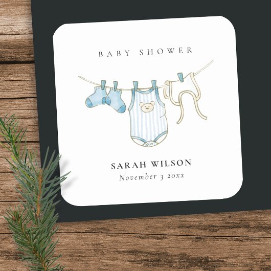 Cute Simple Baby Clothesline Blue Boy Baby shower Vierkante Sticker